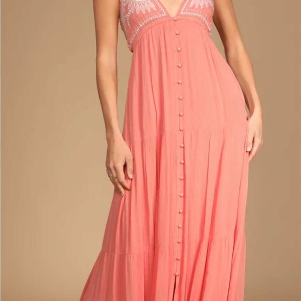 Lulu's Coral Embroidered Button-Down Maxi Dress